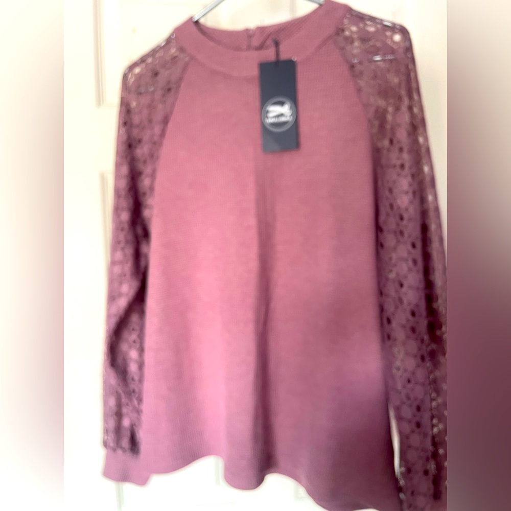 Iwollence Waffle Knit lace sleeve Tunic Blouse purple Sz L NWT